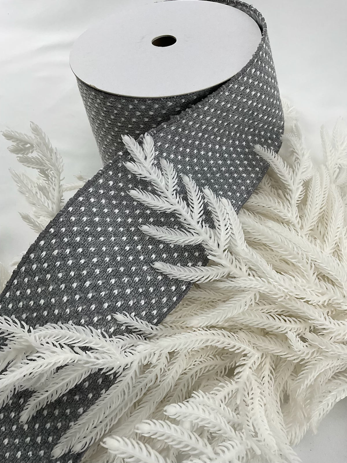 4" woven gray and white ribbon