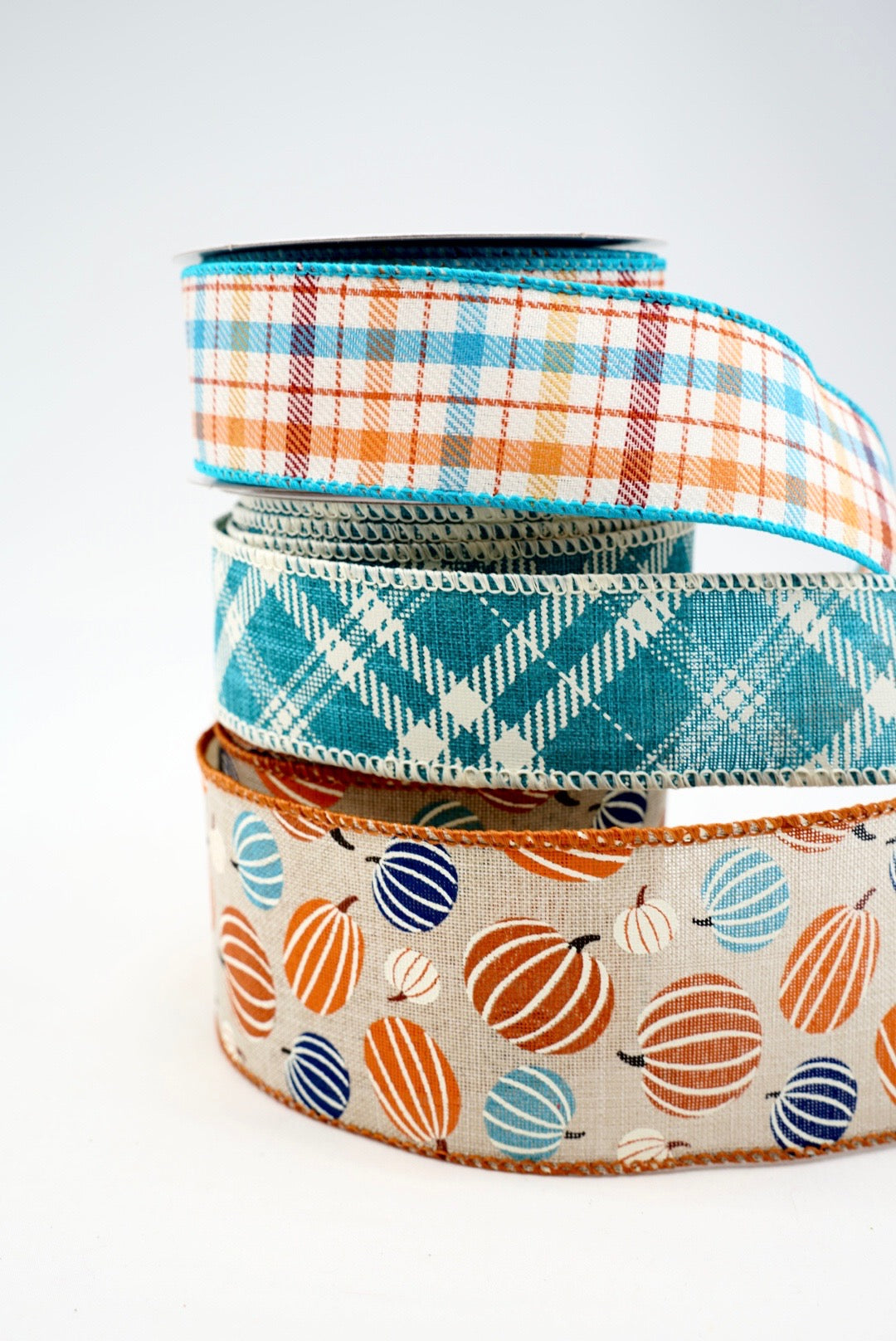 Turquoise Pumpkin And Plaid Bow Bundle x 3 Ribbons
