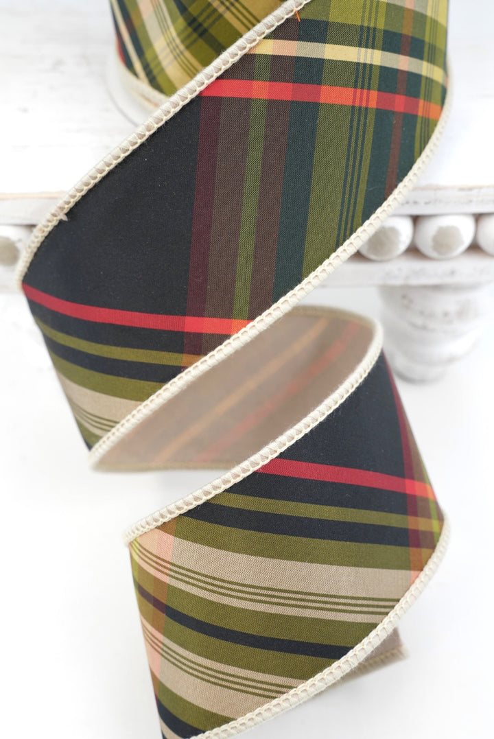 John Mark, Green Huntington Plaid Taffeta Wired Ribbon - 2.5"