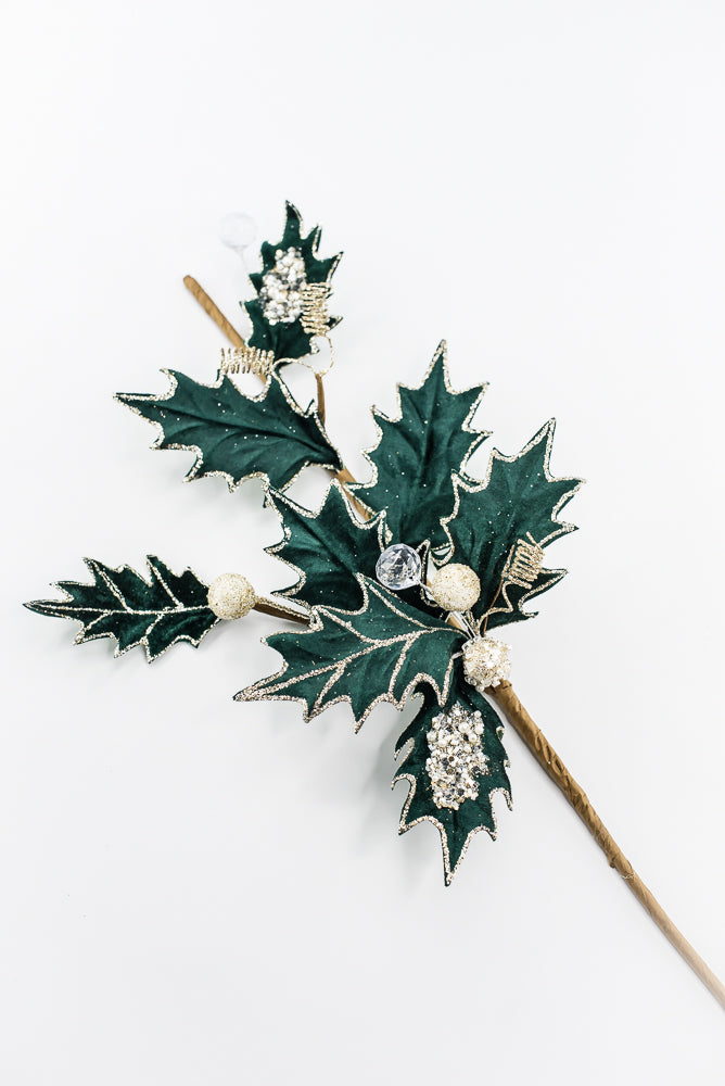 Artificial Green Velvet Holly Berry With Glitter Spray - 25"