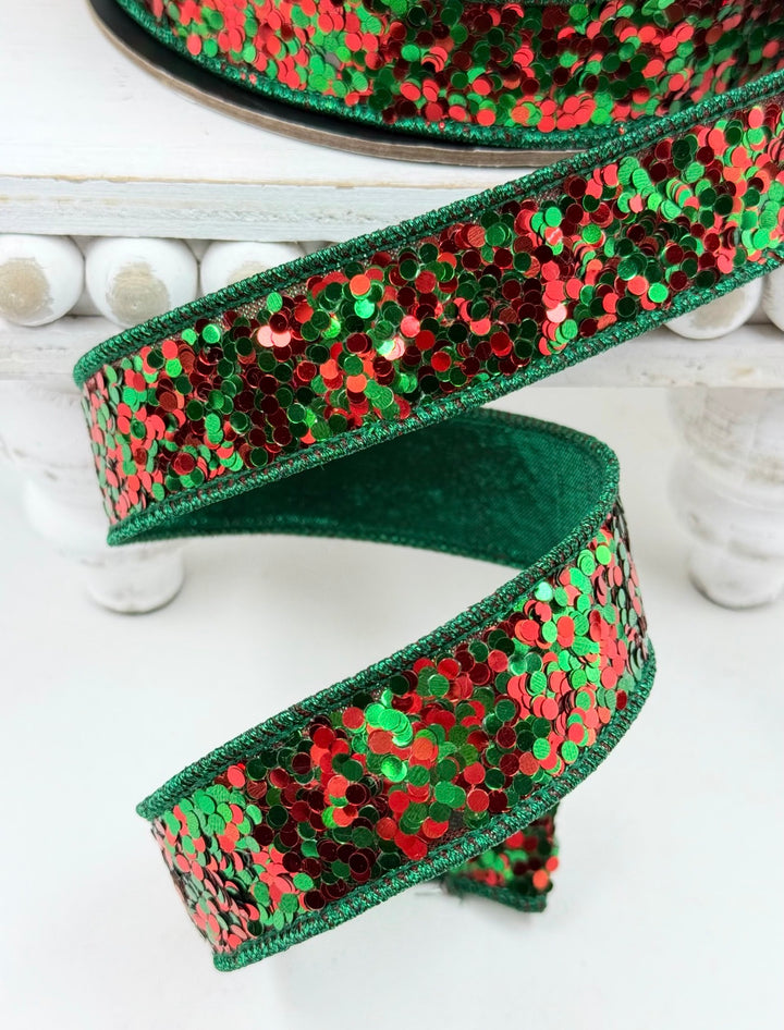 D Stevens Red And Green Sequins Wired Ribbon 1”
