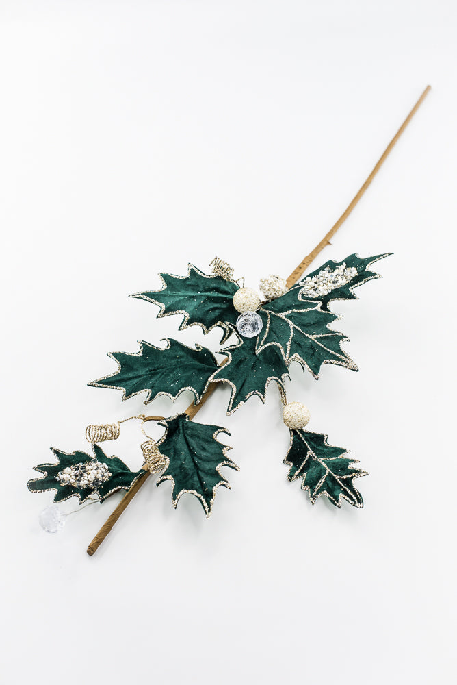 Artificial Green Velvet Holly Berry With Glitter Spray - 25"