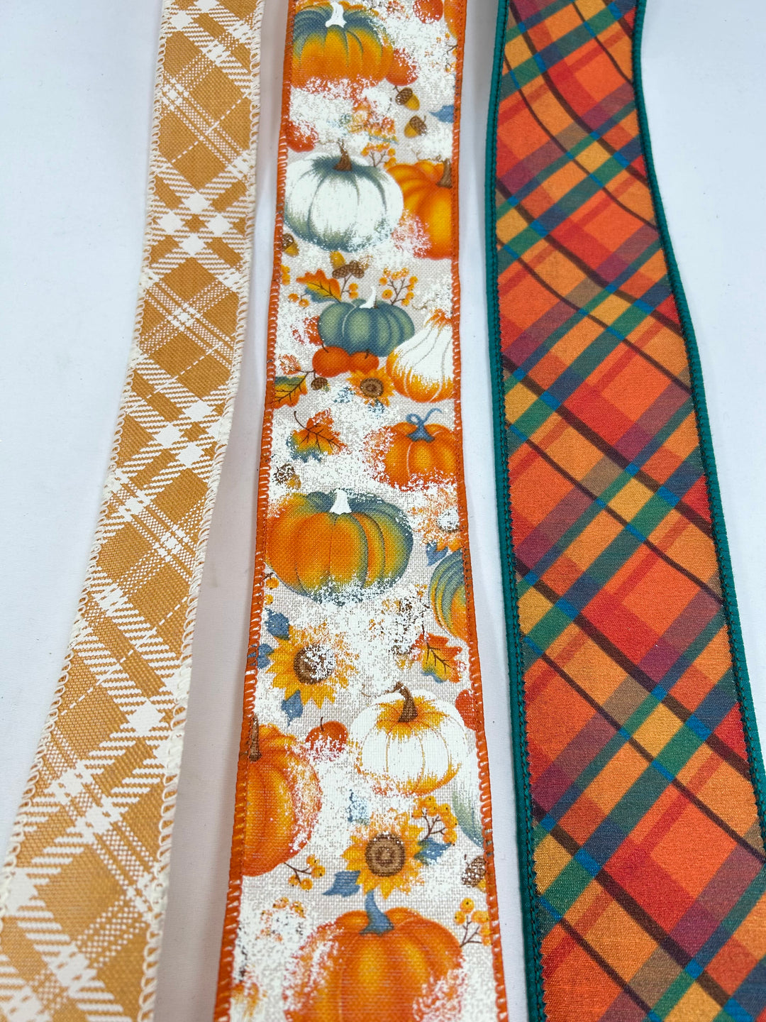 Teal And Mustard Plaid Pumpkin Bow Bundle x 3 Ribbons