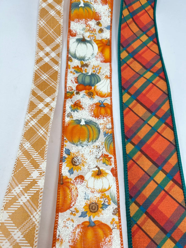 Teal And Mustard Plaid Pumpkin Bow Bundle x 3 Ribbons