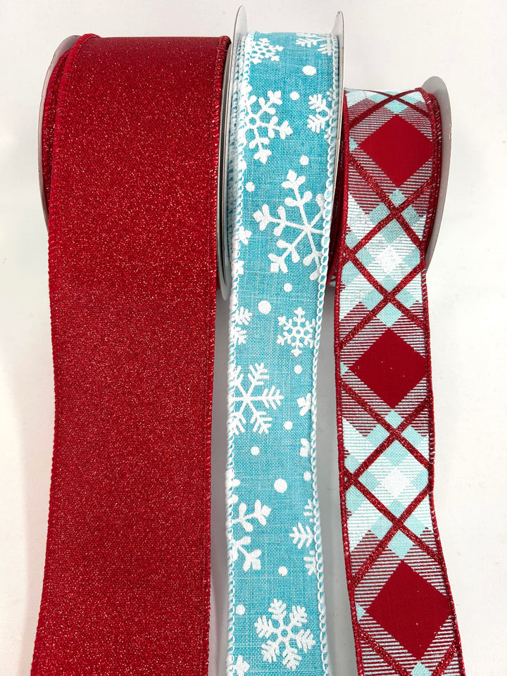 Aqua Blue And Red Flakes Bow Bundle x 3 Ribbons