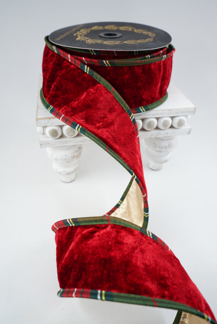 John Mark, Red Velvet And Metallic Dupion Plaid Piping Wired Ribbon - 2.5”