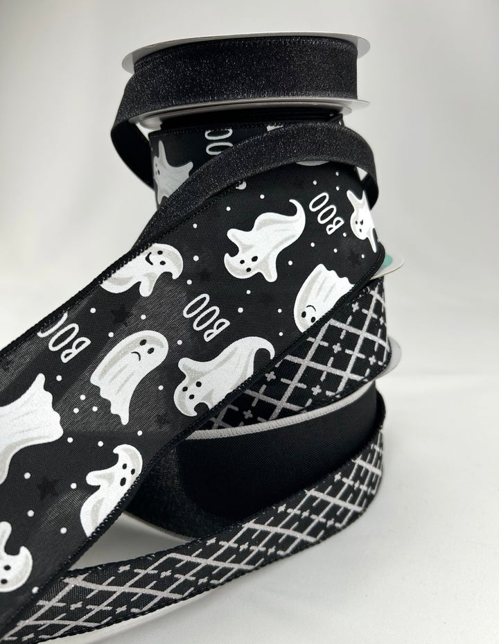DIY ribbon bow bundle - Black Ghost Halloween x 4 ribbons
