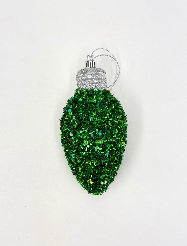Retro Green Tinsel Light Bulb Ornament 5”
