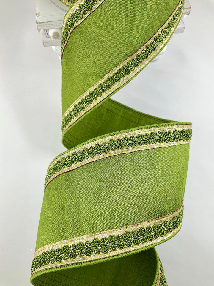 Olive Vintage Scroll Farrisilk Wired Ribbon - 4"