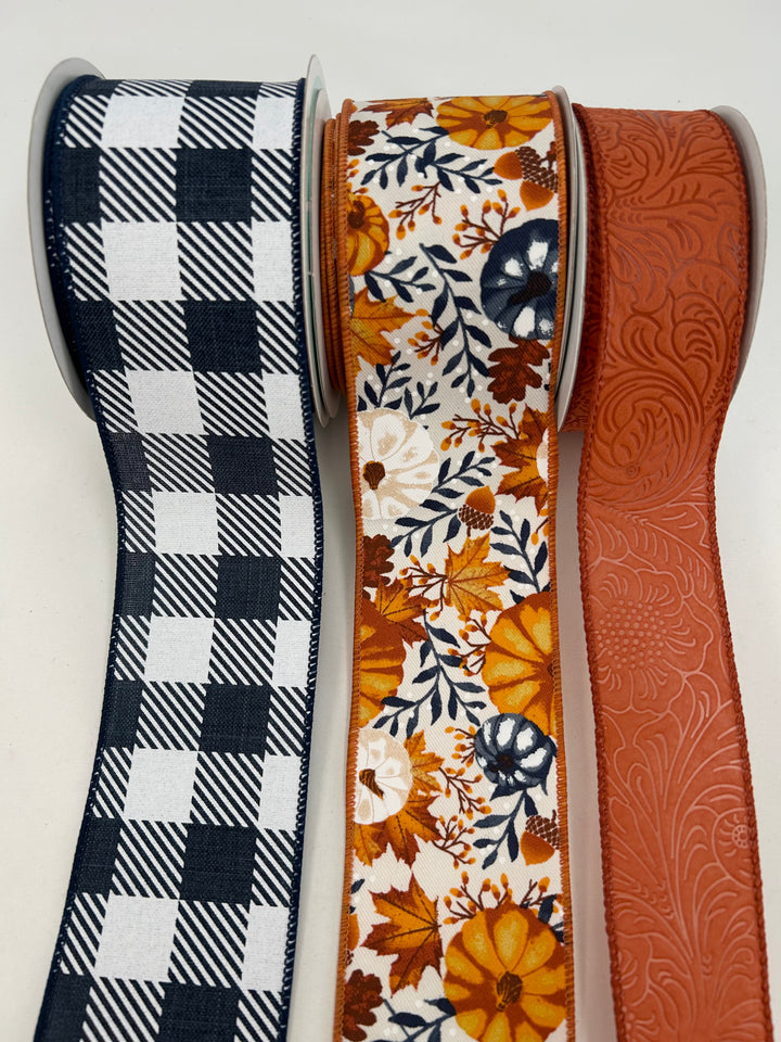 Navy Blue And Rust Pumpkins Bow Bundle x 3 ribbons