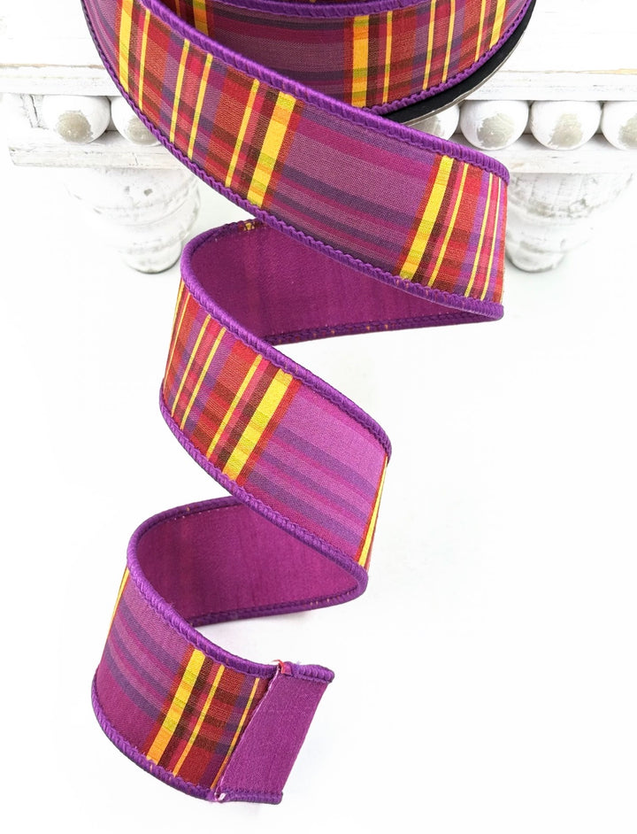 D Stevens Plum Magenta Plaid Wired Ribbon 1.5”