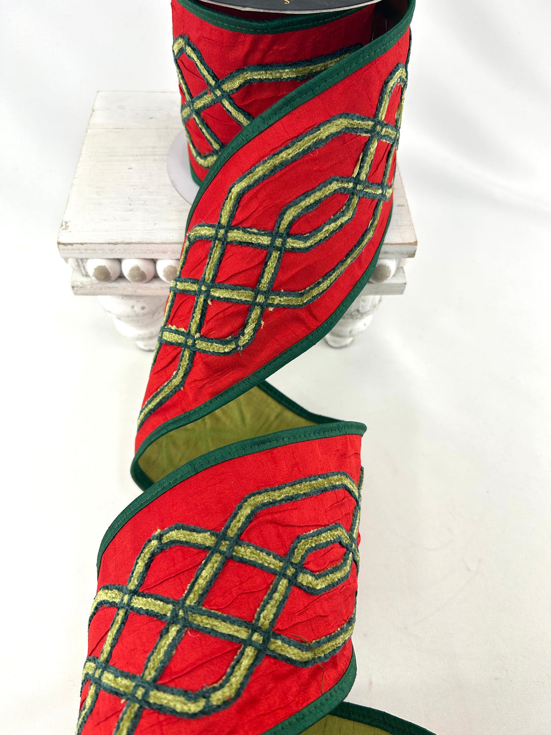 John Mark, Red Embroidered Trellis Wired Ribbon - 4"