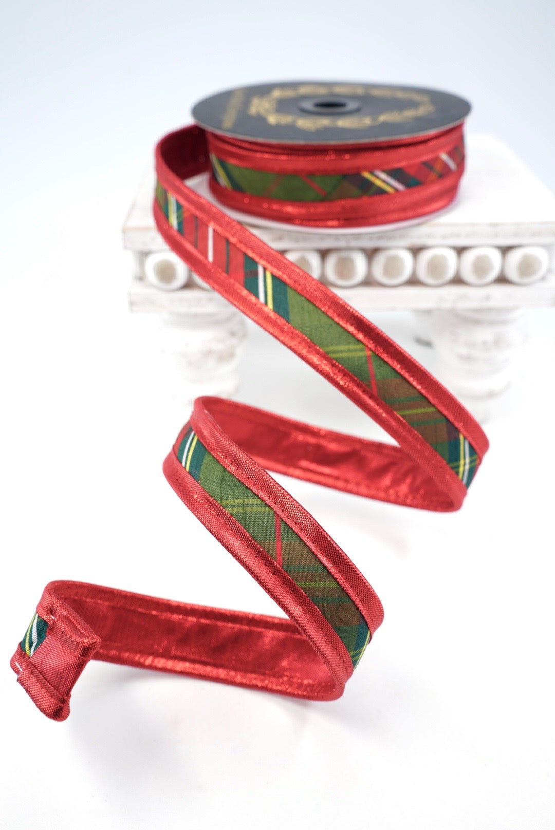 John Mark, Red Traditions Plaid Metallic Wired Ribbon - 1"