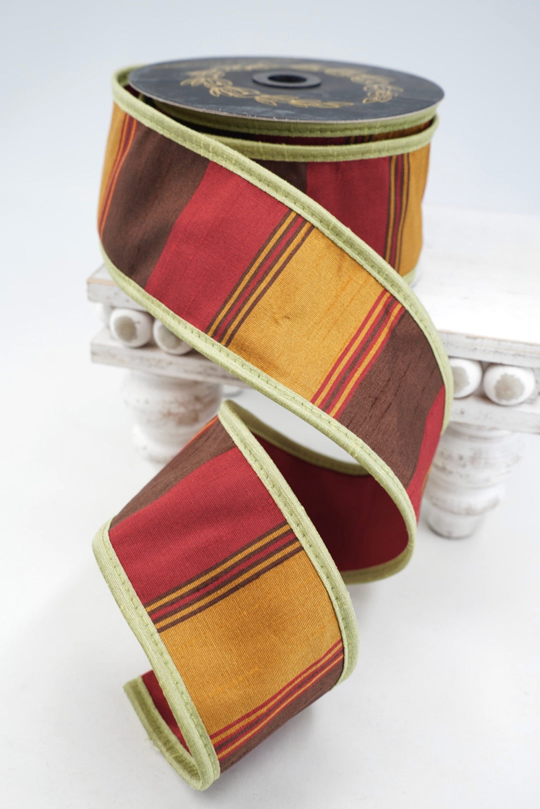 John Mark, Autumn Rust Dupion Stripe Wired Ribbon - 2.5"
