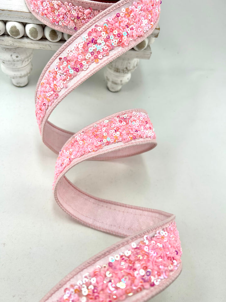 Pink Sequins Sparkles Light Farrisilk Wired Ribbon - 1"