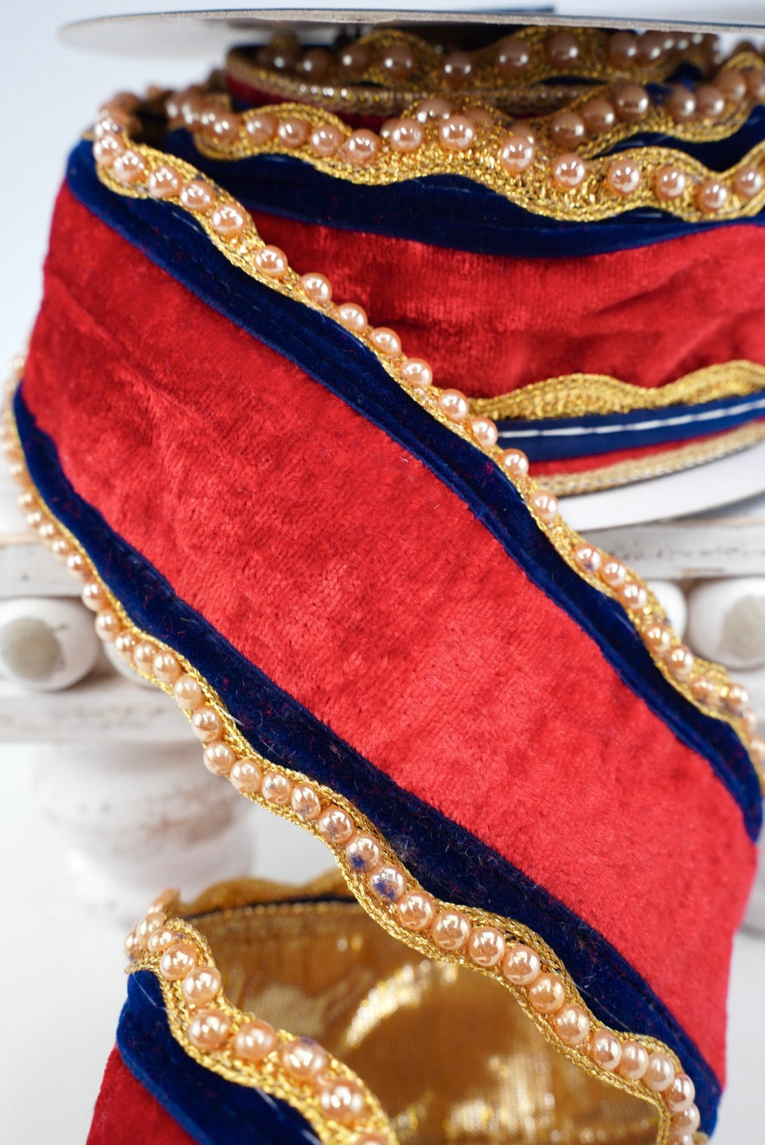 John Mark, Red & Navy, Velvet Beaded Edge Metallic Dupion Wired Ribbon - 2.5"