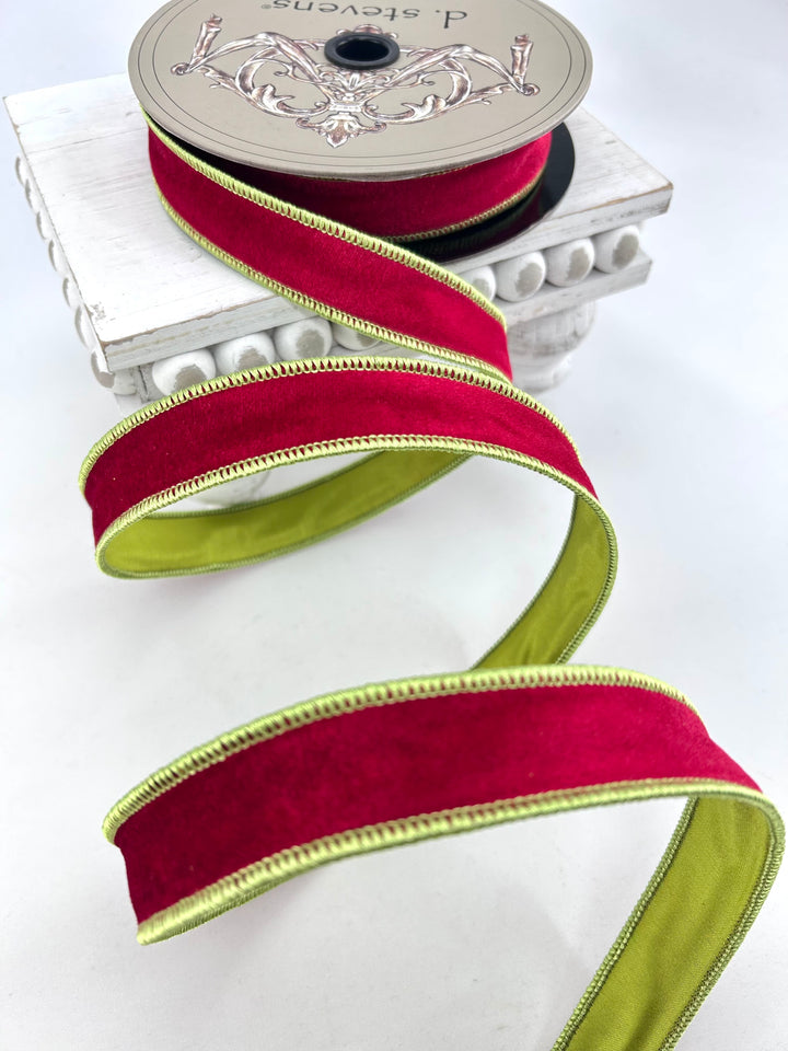 D Stevens Red & Green Velvet Wired Ribbon 1.5”