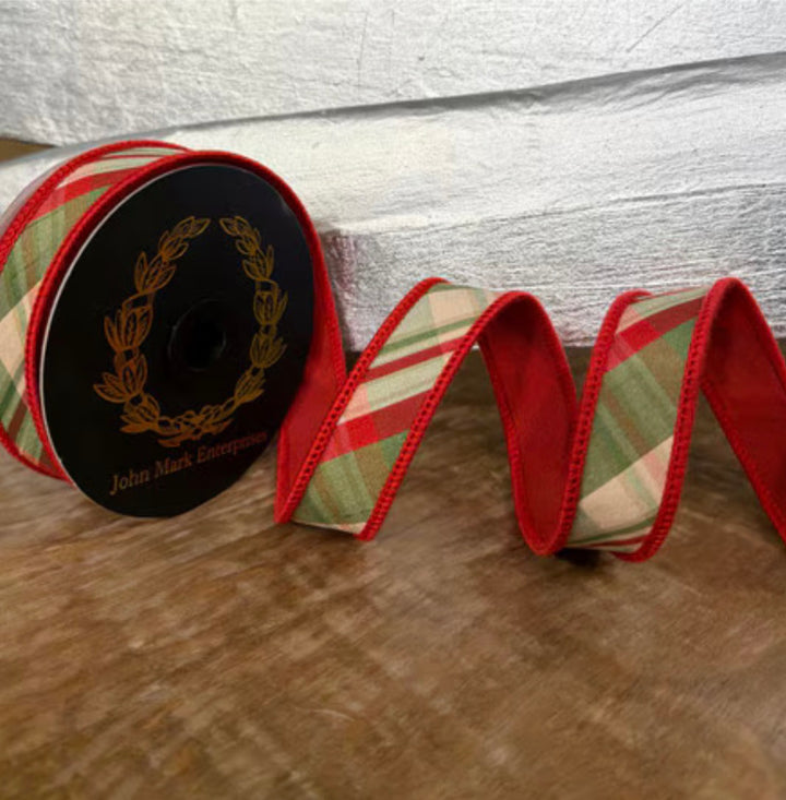 John Mark, Holiday Plaid, Wired Ribbon - 1"