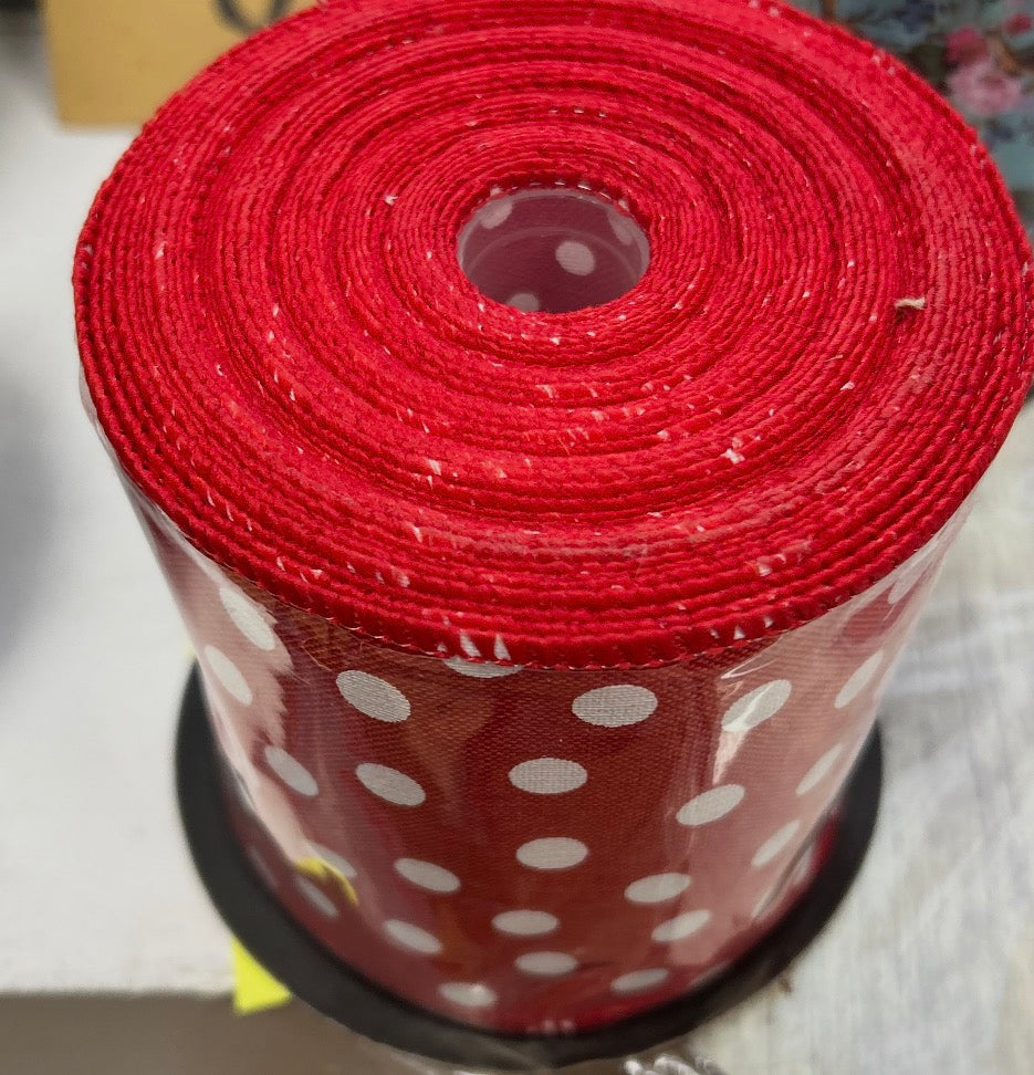 AS IS - D stevens Red Faux linen dots wired ribbon- DAMAGED Packaging