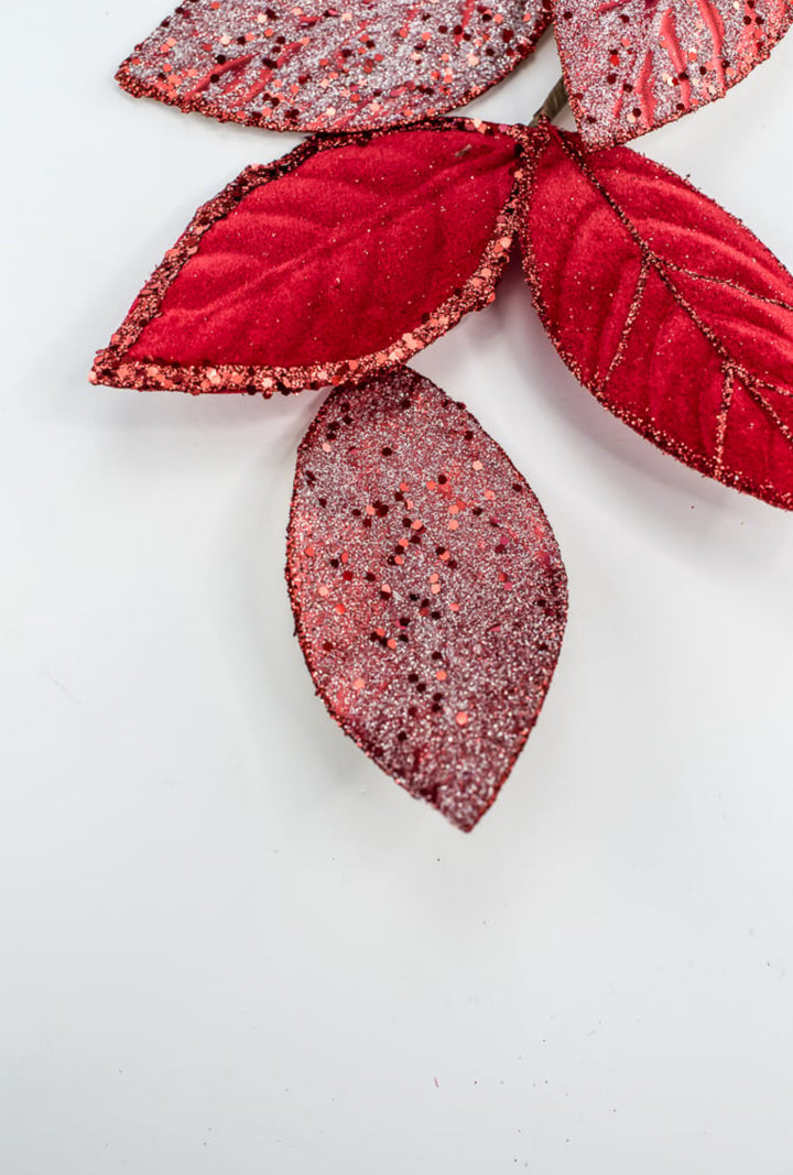 Red velvet & glitter magnolia leaves spray