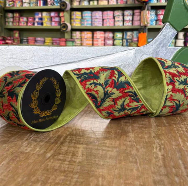 John Mark, Acanthus Jacquard With Fused Piping, Wired Ribbon - 4"
