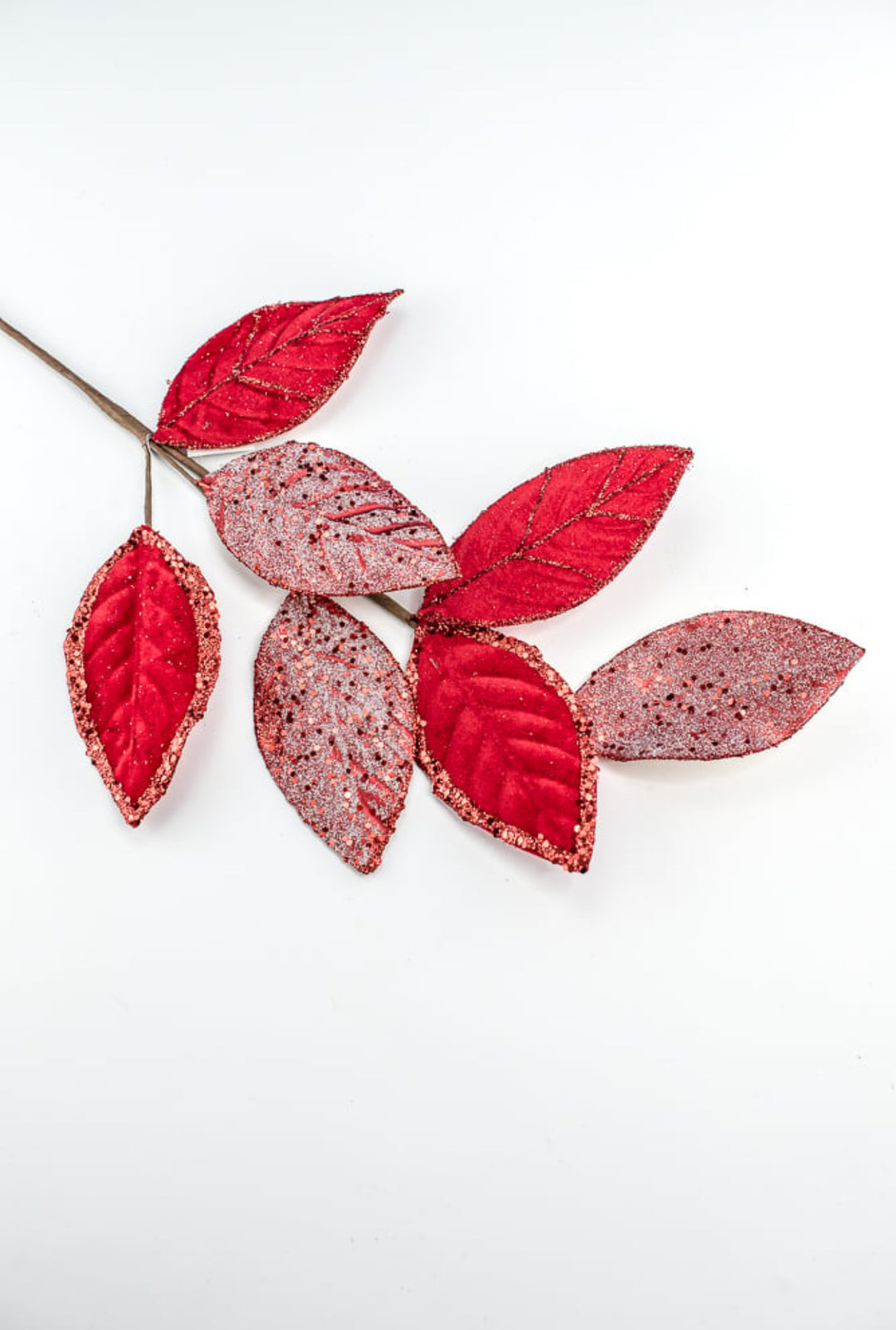 Red velvet & glitter magnolia leaves spray