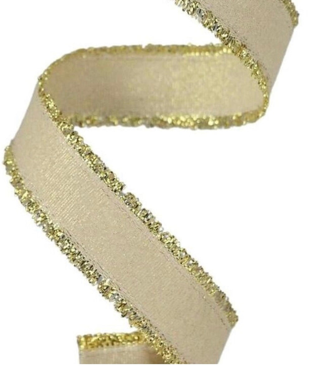 Gold skinny with tinsel edge wired ribbon, 7/8"