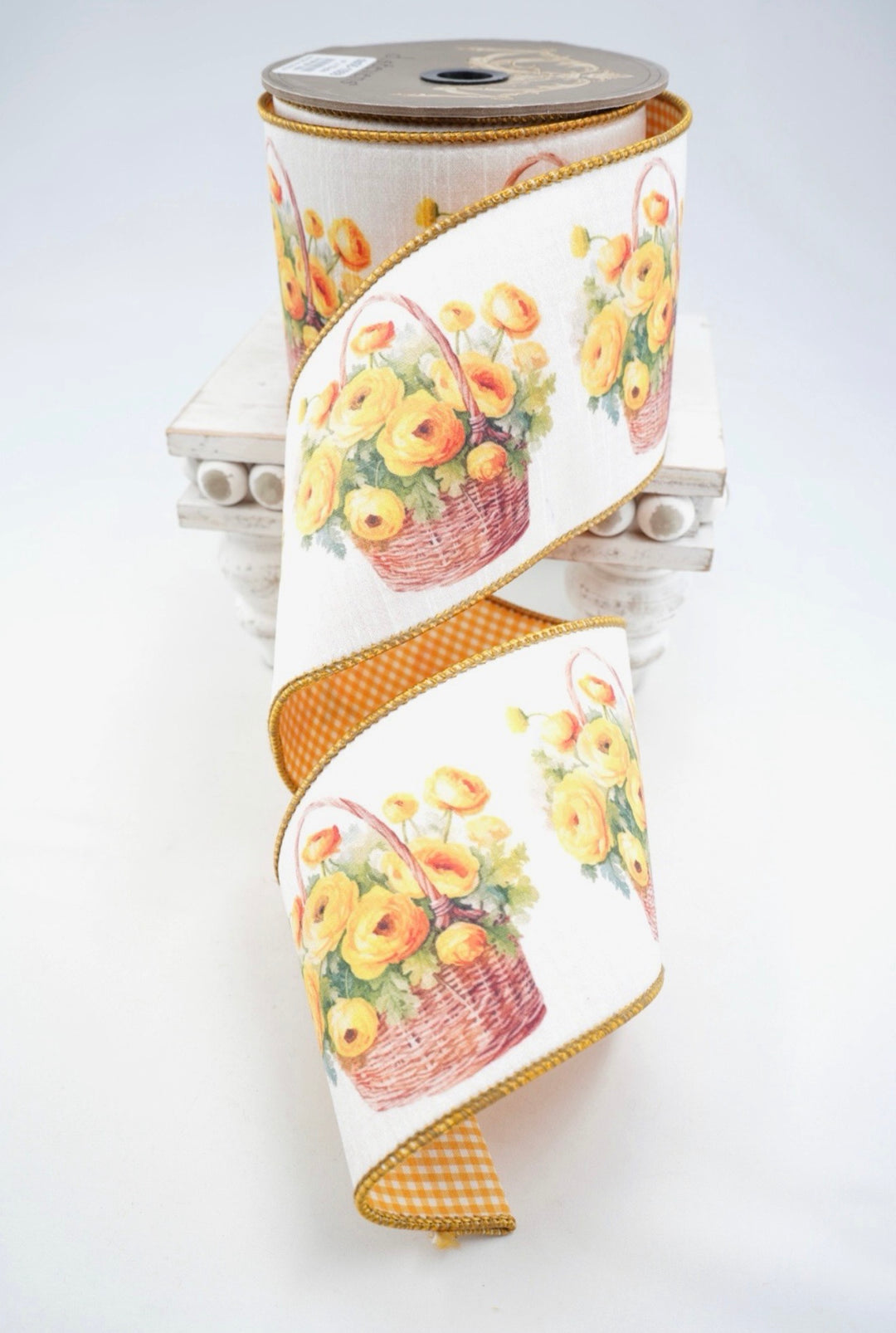 Yellow & White Yellow Ranunculus Wicker Basket Dupion Wired Ribbon - 4"