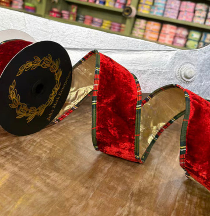 John Mark, Red Velvet And Metallic Dupion Plaid Piping Wired Ribbon - 4”