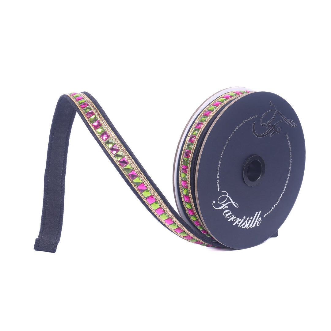Farrisilk Hot Pink & Lime Bedazzled Wired Ribbon - .75"