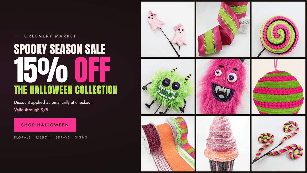 Promotional banner for 'Greenery Market' featuring a 'Spooky Season Sale 15% Off The Halloween Collection'. The left side has a dark brown background with white, pink, and green text, and the right side shows a 3x3 grid of various handmade Halloween-themed greenery crafts, including monster faces, striped ribbons, a pink fuzzy monster, and candy corns.