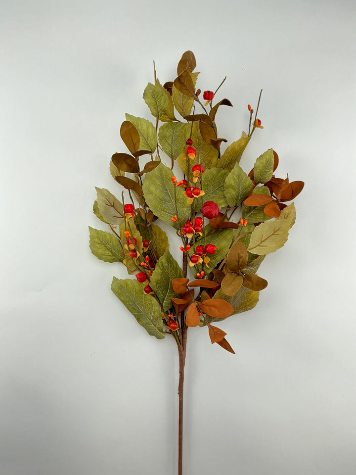 Mini pumpkins, rose leaves and bittersweet spray