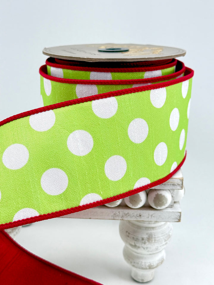D Stevens Polka Dot Red And Lime Wired Ribbon 3”