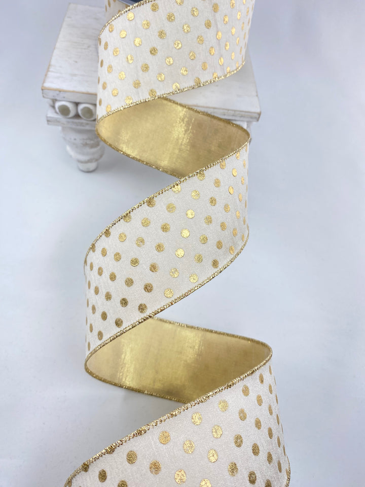 Ivory Champagne Dot Farrisilk Wired Ribbon - 2.5"