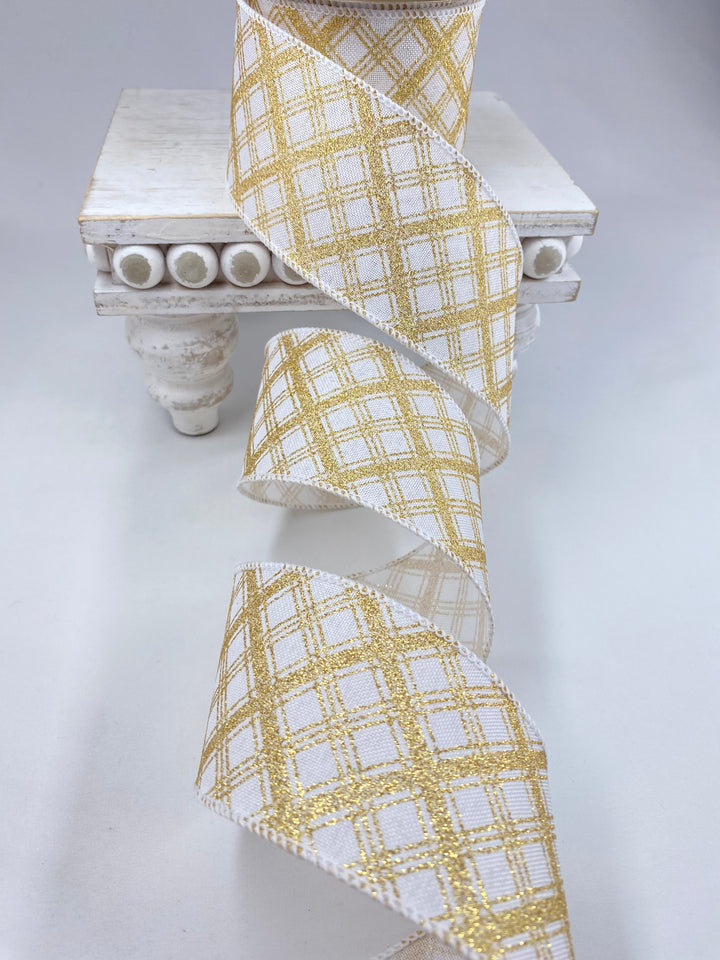 White and gold diamond plaid wired ribbon 2.5”
