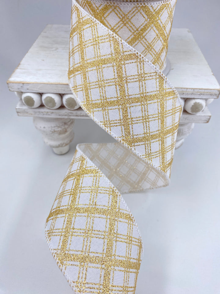 White and gold diamond plaid wired ribbon 2.5”