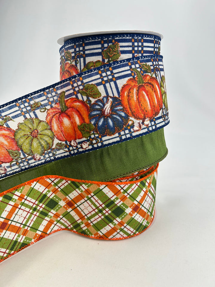 Moss Navy Pumpkin Plaid Bow Bundle x 3 Ribbons