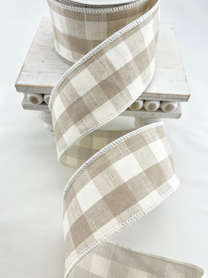 Raz beige gingham wired ribbon 2.5”