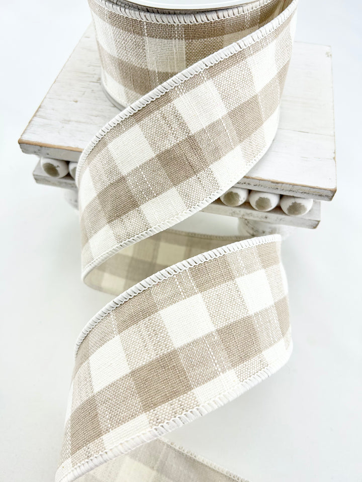 Raz beige gingham wired ribbon 2.5”