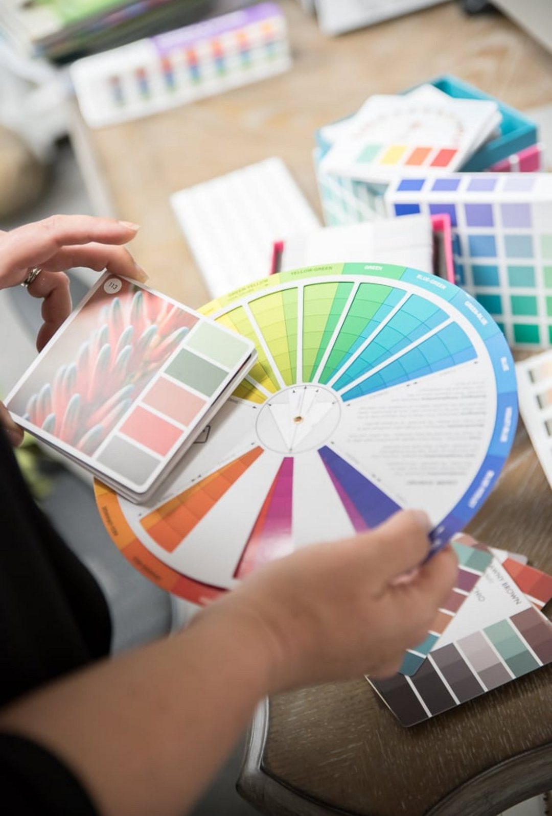 person holding a color wheel and color swatches