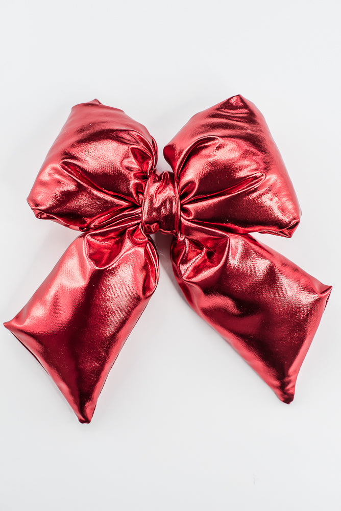Red Metallic Puffy Bow With Clip - 8"