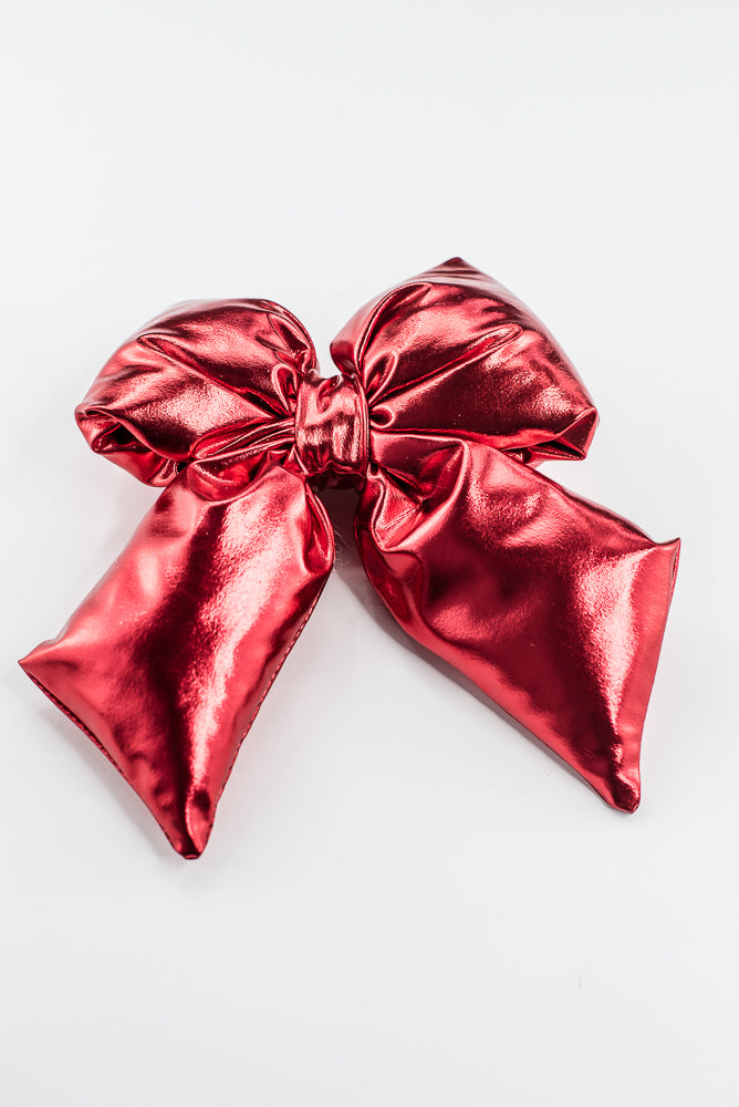 Red Metallic Puffy Bow With Clip - 8"