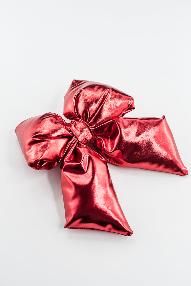 Red Metallic Puffy Bow With Clip - 8"