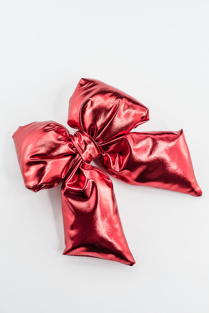 Red Metallic Puffy Bow With Clip - 8"