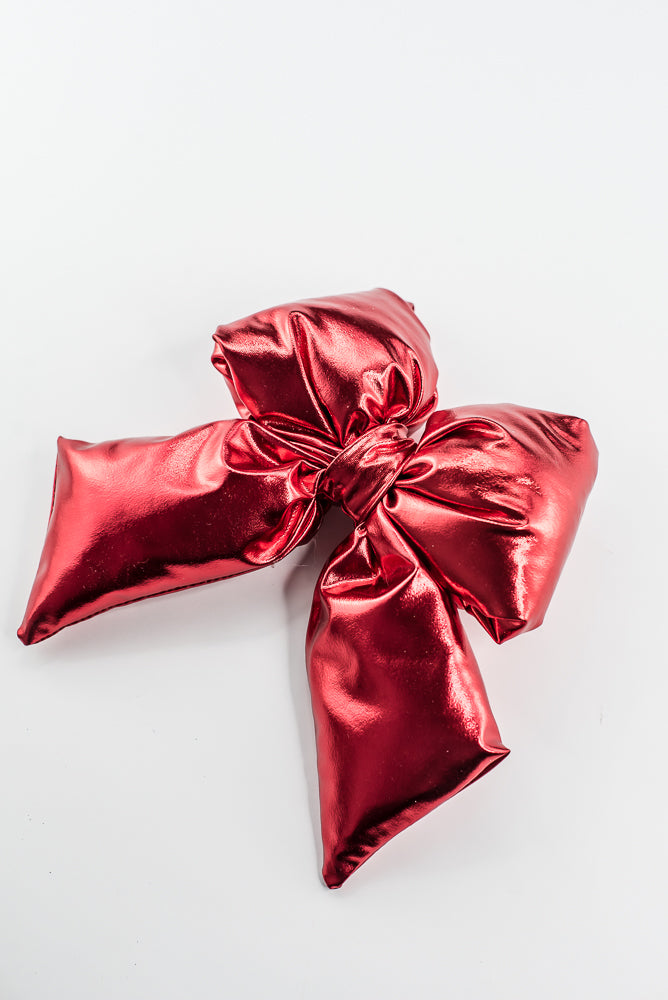 Red Metallic Puffy Bow With Clip - 8"