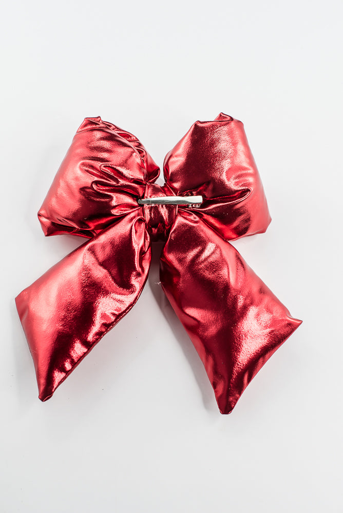Red Metallic Puffy Bow With Clip - 8"