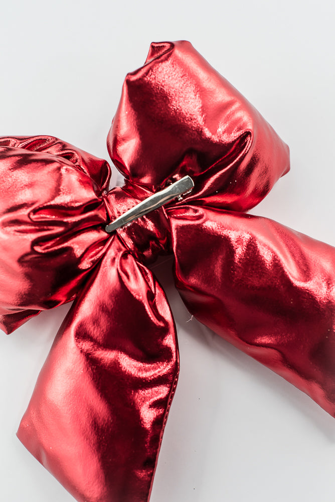 Red Metallic Puffy Bow With Clip - 8"