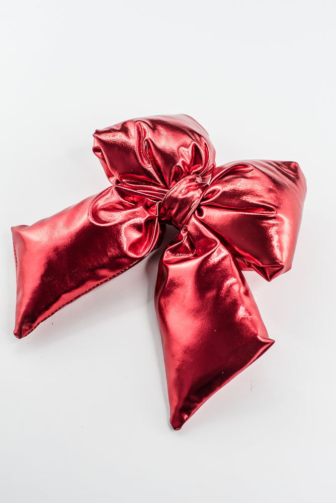 Red Metallic Puffy Bow With Clip - 8"