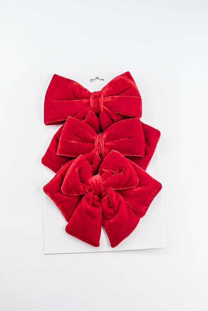 Set Of 3 Red Velvet Bow With Clip - 5"- 7"