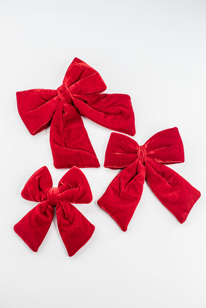 Set Of 3 Red Velvet Bow With Clip - 5"- 7"